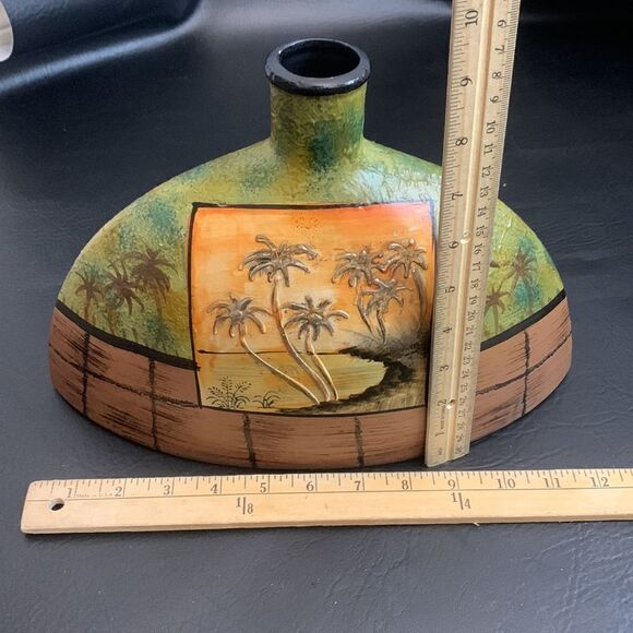 PalmTree Ceramic Vase Hand painted Gold Flaked Green Brown 13 X 8 1/2 Inch Tall - Picture 7 of 7